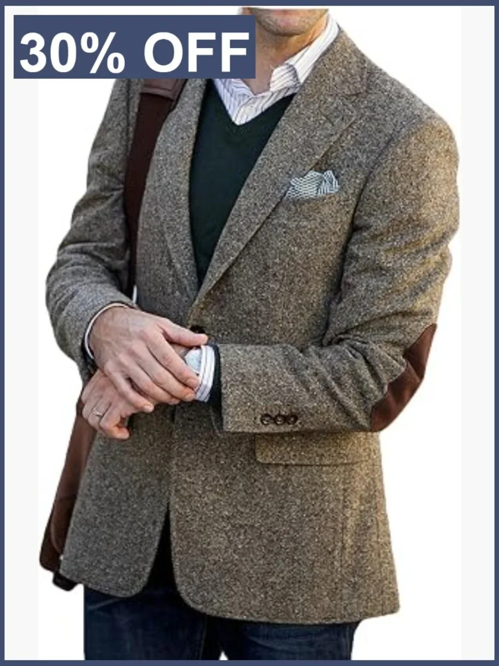 Mens Tweed Blazer Suit Jacket Notch Lapel Suede Elbow Patch Vintage Business